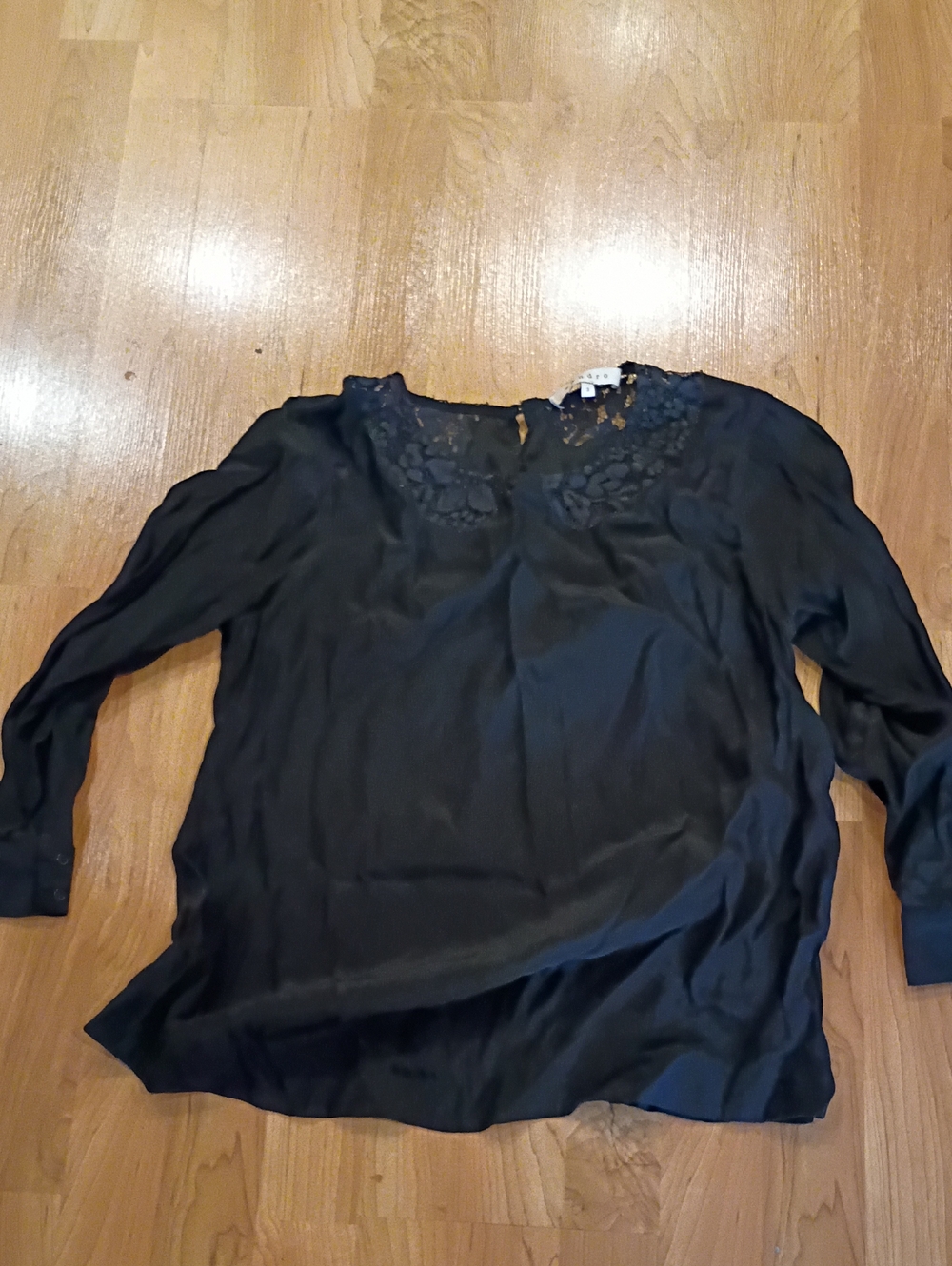 Sandro Black Lace-Trim Long-Sleeve Blouse